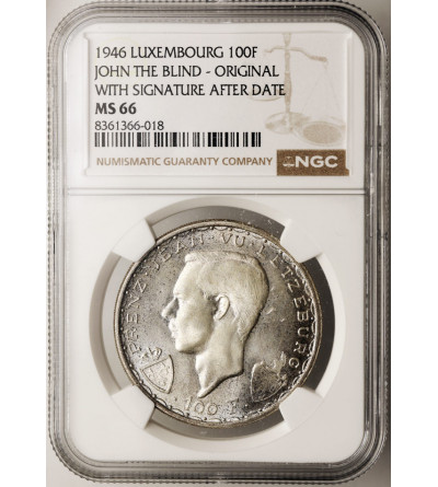 Luksemburg. 100 franków 1946, 600 Rocznica Śmierci Jana Ślepego w bitwie pod Crécy - NGC MS 66