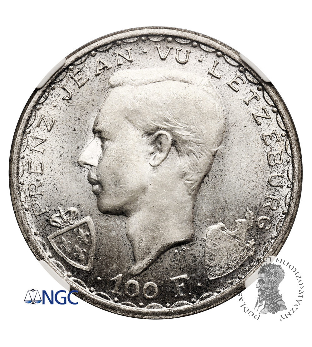 Luksemburg. 100 franków 1946, 600 Rocznica Śmierci Jana Ślepego w bitwie pod Crécy - NGC MS 66 Luksemburg. 100 franków 1946, 600 Rocznica Śmierci Jana Ślepego w bitwie pod Crécy - NGC MS 66