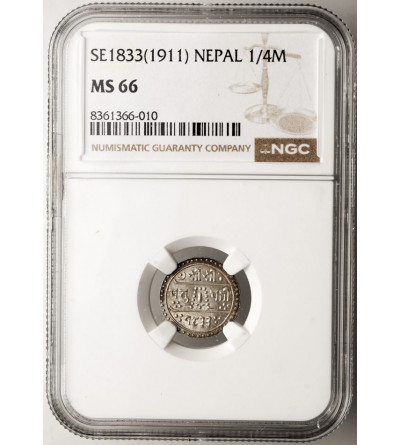 Nepal, Prithvi Bir Bikram 1881-1911 AD. 1/4 Mohar, SE 1833 / 1911 AD - NGC MS 66