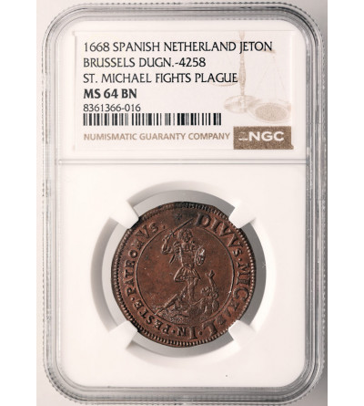 Niderlandy Hiszpańskie. Cu liczman / żeton (Rekenpenninge), 1668, Bruksela, Św. Michał zabijający diabła - NGC MS 64 BN