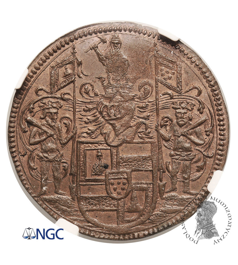 Niderlandy Hiszpańskie. Cu liczman / żeton (Rekenpenninge), 1668, Bruksela, Św. Michał zabijający diabła - NGC MS 64 BN