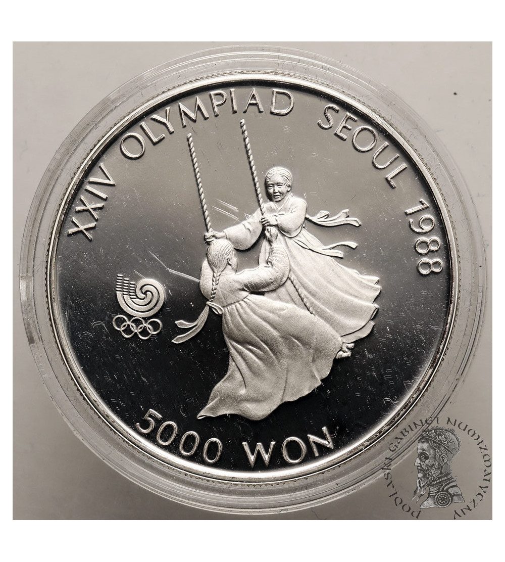 Korea Południowa. 5000 Won 1987, XXIV Igrzyska Olimpijskie w Seulu 1988, ,,Girls on swing contest'' - Proof