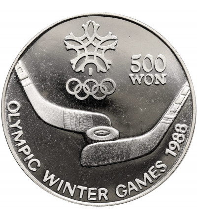 North Korea. 500 Won 1988, Winter Olympics Calgary 1988, Hockey - Proof