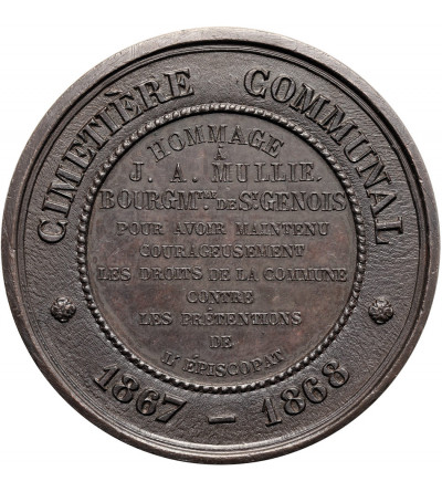 Belgia, Leopold II (1865-1909). Medal 1868 na cześć J. A. Mullie, burmistrza (bugomastera) St. Genois, Cmentarz Komunalny