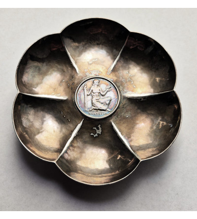 Switzerland / Schweiz / Suisse. Silver bowl/saucer with a 5 Francs coin 1936 HELVETIA, Confederation Armament Fund