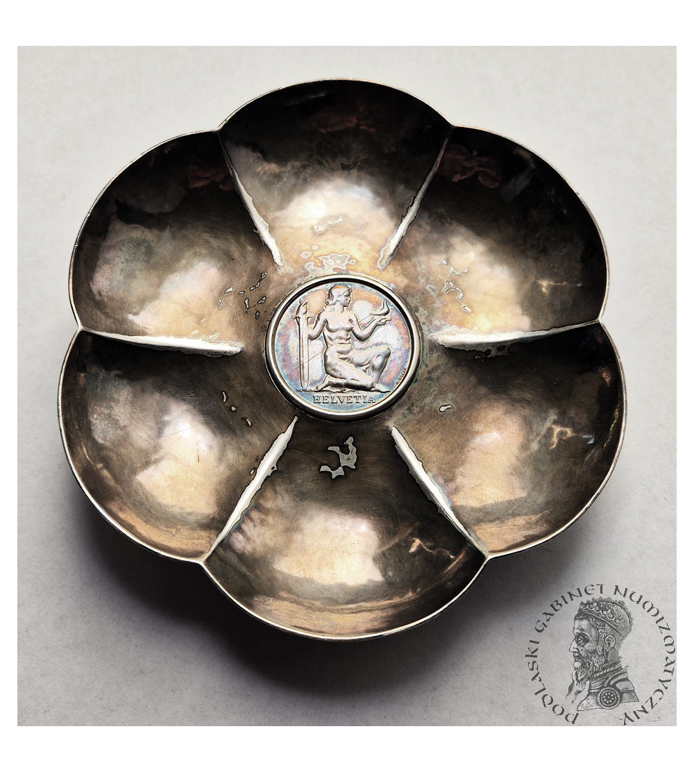 Switzerland / Schweiz / Suisse. Silver bowl/saucer with a 5 Francs coin 1936 HELVETIA, Confederation Armament Fund
