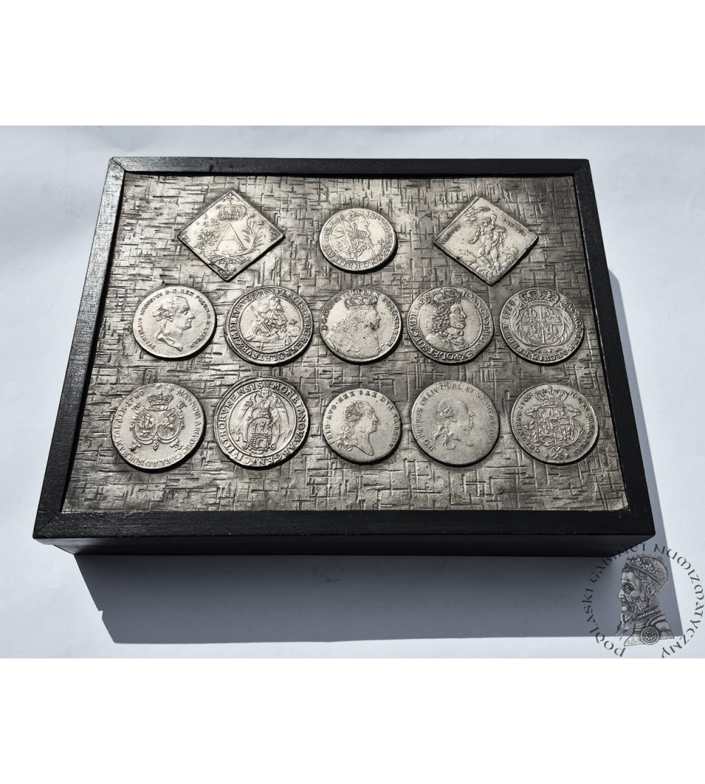 Poland, PRL (1952-1989). Wooden box with images of 13 Thalers of Royal Poland (galvanotypes)