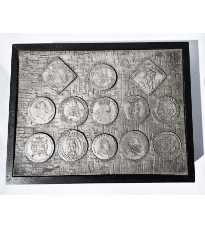 Poland, PRL (1952-1989). Wooden box with images of 13 Thalers of Royal Poland (galvanotypes)