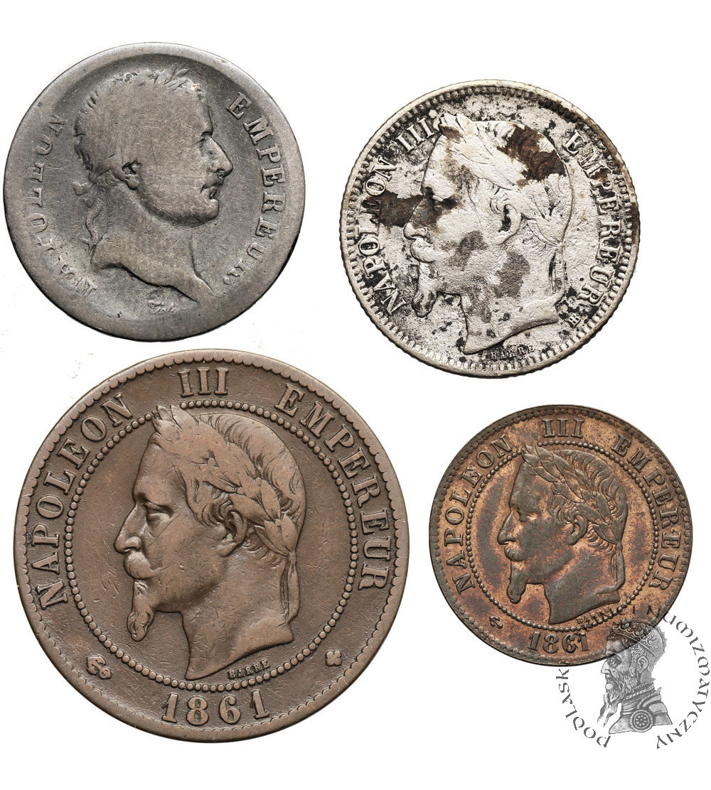 Francja. Zestaw 4 monet, Napoleon I / Napoleon III, srebro, brąz Francja. Zestaw 4 monet, Napoleon I / Napoleon III, srebro, brąz