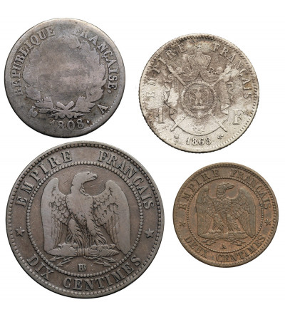 Francja. Zestaw 4 monet, Napoleon I / Napoleon III, srebro, brąz