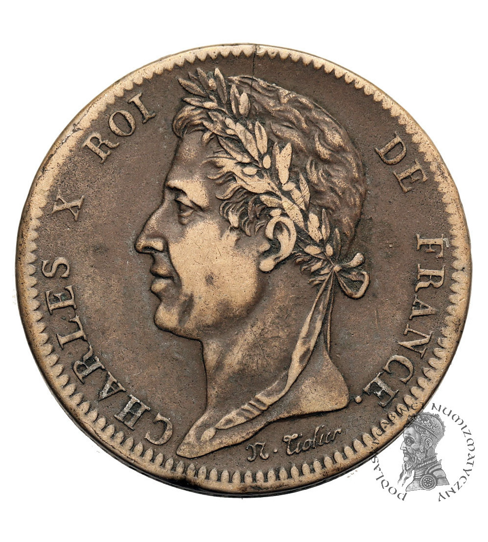 Francuskie Kolonie, Karol X (1824-1830). 10 Centimes 1827 H, La Rochelle,bite dla Martyniki i Gwadelupy Francuskie Kolonie, Karol X (1824-1830). 10 Centimes 1827 H, La Rochelle,bite dla Martyniki i Gwadelupy