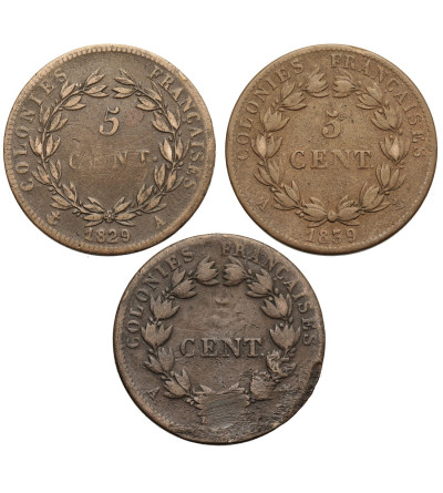 Francuskie Kolonie, Karol X (1824-1830) / Ludwik Filip I (1830-1848). Zestaw 3 x 5 Centimes 1829-1839 A