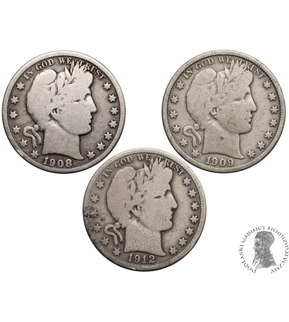 USA. Zestaw 3 x ,,Barber Half Dollar" 1908 O, 1909, 1912 D USA. Zestaw 3 x ,,Barber Half Dollar" 1908 O, 1909, 1912 D