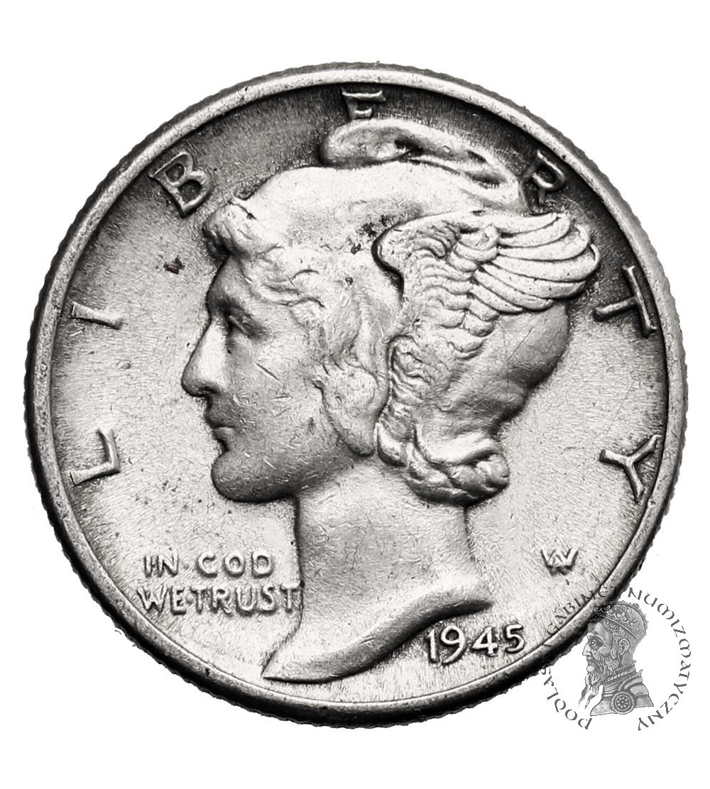 USA. 10 centów ,,Mercury Dime" 1945, Filadelfia USA. 10 centów ,,Mercury Dime" 1945, Filadelfia