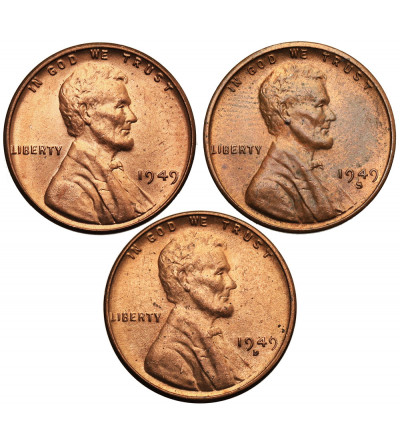 USA. Set of 3 x 1 Cent 1949 P, S, D, “Lincoln - Wheat Ears Reverse”, Philadelphia, San Francisco and Denver
