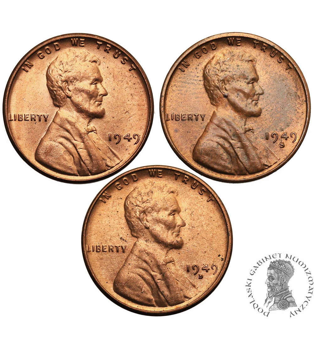 USA. Set of 3 x 1 Cent 1949 P, S, D, “Lincoln - Wheat Ears Reverse”, Philadelphia, San Francisco and Denver