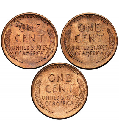USA. Set of 3 x 1 Cent 1949 P, S, D, “Lincoln - Wheat Ears Reverse”, Philadelphia, San Francisco and Denver