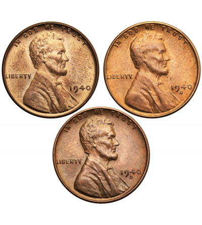 USA. Set of 3 x 1 Cent 1940 P, S, D, “Lincoln - Wheat Ears Reverse”, Philadelphia, San Francisco and Denver