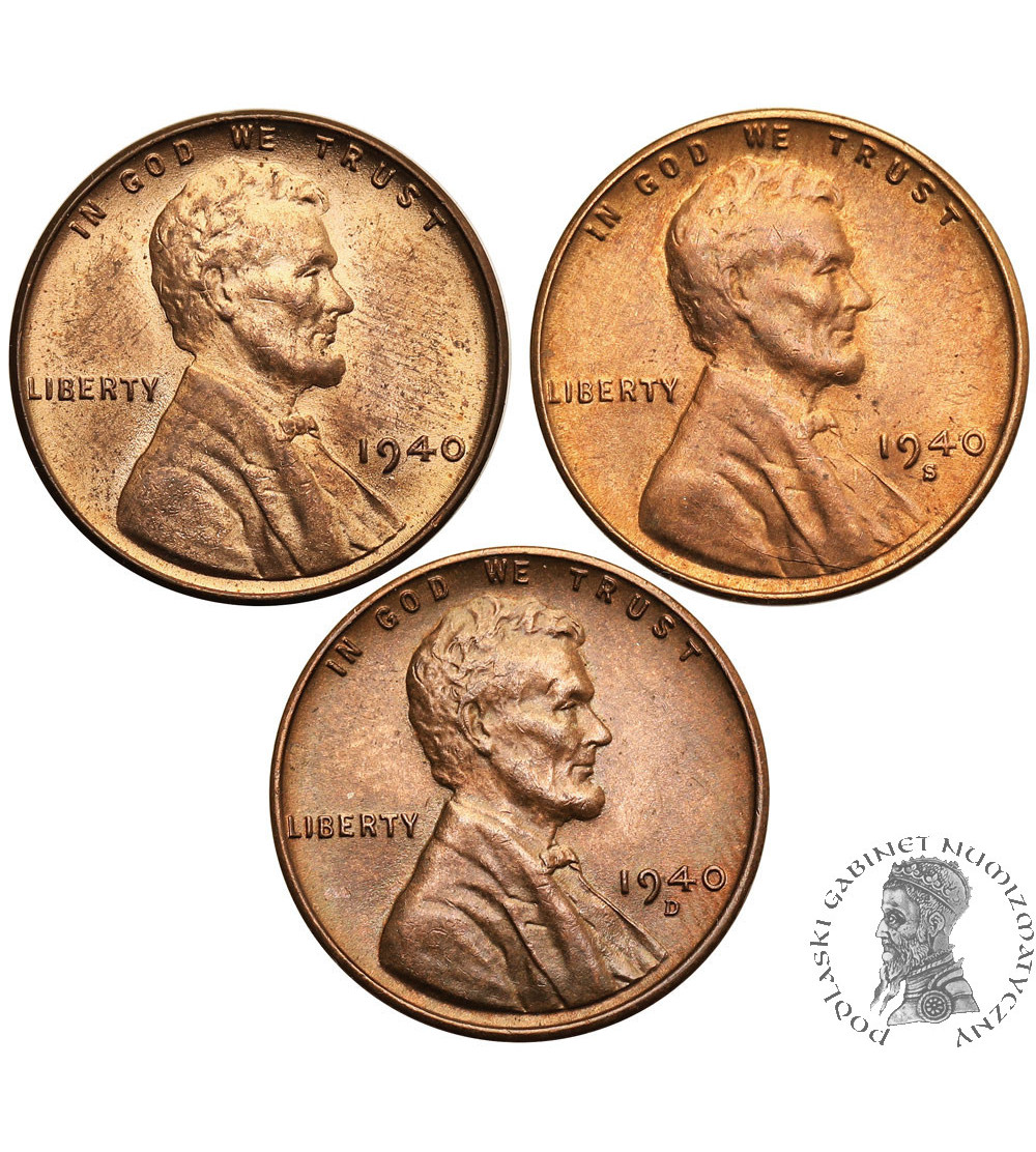 USA. Zestaw 3 x 1 Cent 1940 P, S, D, ,,Lincoln - Wheat Ears Reverse", Filadelfia, San Francisco i Denver