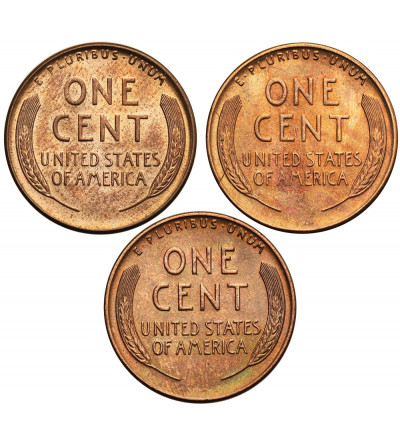 USA. Set of 3 x 1 Cent 1940 P, S, D, “Lincoln - Wheat Ears Reverse”, Philadelphia, San Francisco and Denver