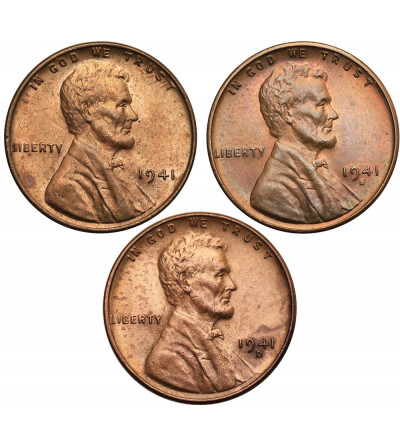 USA. Set of 3 x 1 Cent 1941 P, S, D, “Lincoln - Wheat Ears Reverse”, Philadelphia, San Francisco and Denver