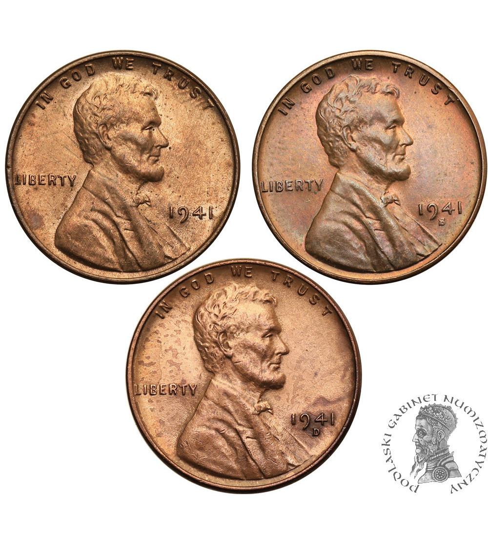 USA. Set of 3 x 1 Cent 1941 P, S, D, “Lincoln - Wheat Ears Reverse”, Philadelphia, San Francisco and Denver