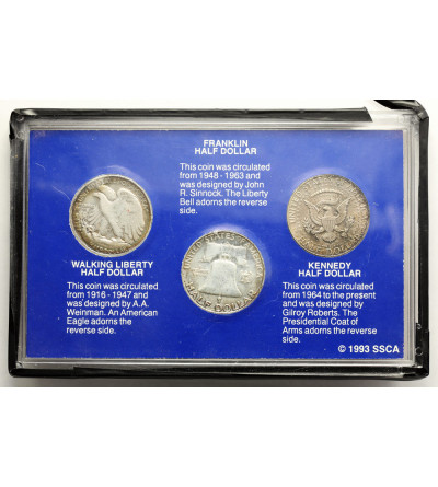 USA. Collection of 3 Silver coins, “20th Century Silver Half Dollar Collection”: Franklin, Walking Liberty, Kennedy