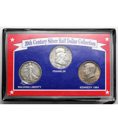 USA. Collection of 3 Silver coins, “20th Century Silver Half Dollar Collection”: Franklin, Walking Liberty, Kennedy