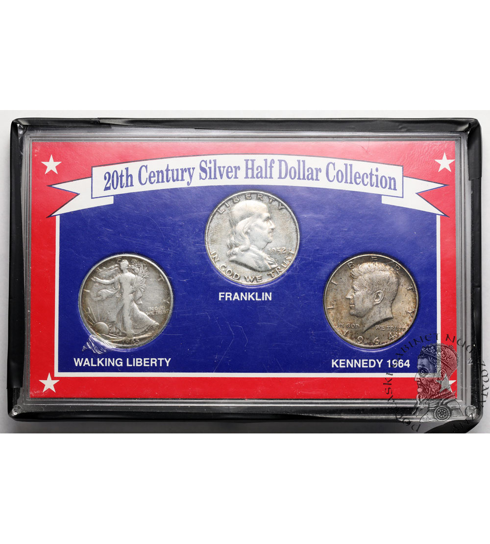 USA. Collection of 3 Silver coins, “20th Century Silver Half Dollar Collection”: Franklin, Walking Liberty, Kennedy