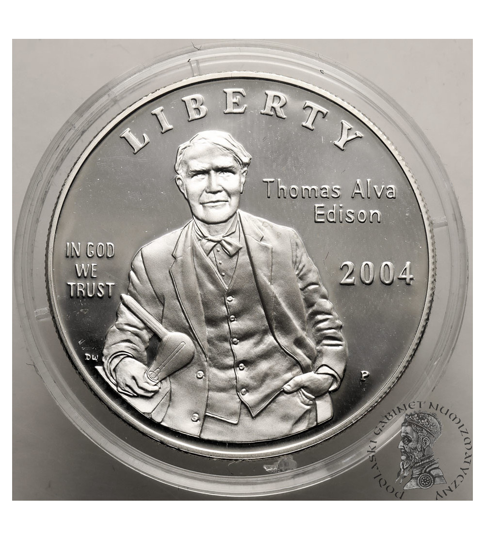 USA. 1 dolar 2004 P, Filadelfia, 125 rocznica wynalezienia żarówki, Thomas Alva Edison - Proof