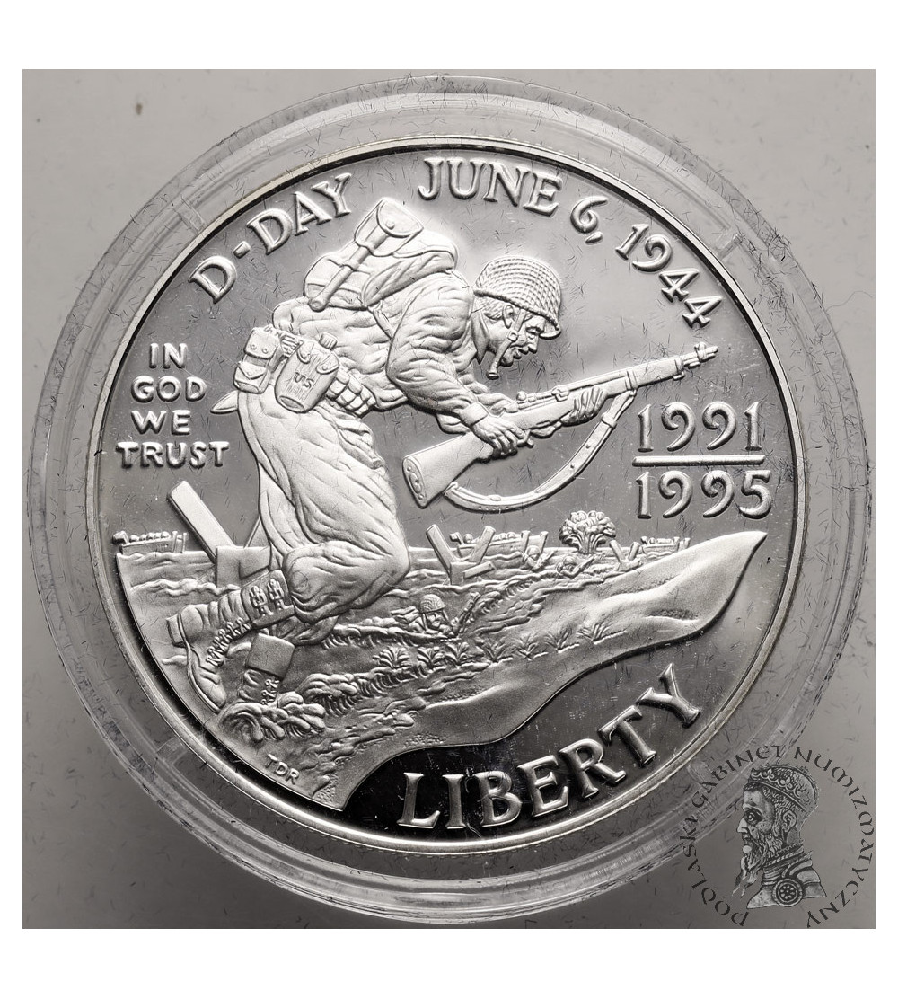 USA. 1 dolar 1995 W, West Point, D-Day, 50 rocznica zakończenia II Wojny Światowej - Proof USA. 1 dolar 1995 W, West Point, D-Day, 50 rocznica zakończenia II Wojny Światowej - Proof