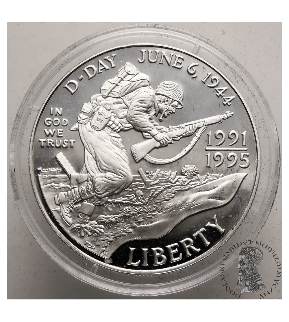 USA. 1 dolar 1995 W, West Point, D-Day, 50 rocznica zakończenia II Wojny Światowej - Proof USA. 1 dolar 1995 W, West Point, D-Day, 50 rocznica zakończenia II Wojny Światowej - Proof