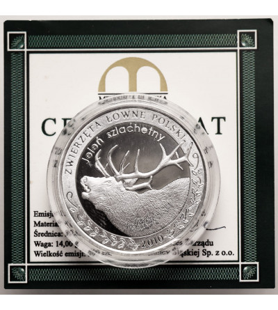 Poland. Silver medal / coin 1 Nemrod 2010, Red deer, Game Animals of Poland