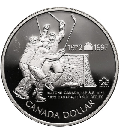 Kanada, Elżbieta II (1952-2022). 1 dolar 1997, 25 rocznica zwycięstwa Kanady na ZSRR, Hokej na Lodzi - Proof