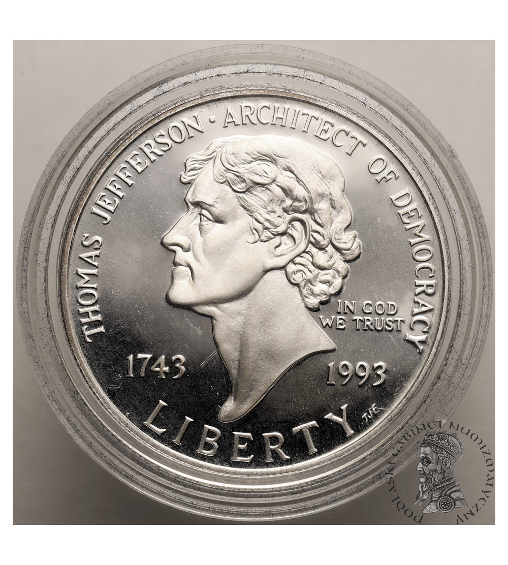 USA. 1 Dollar 1993 S, San Francisco, 250th anniversary of Thomas Jefferson's birth - Proof