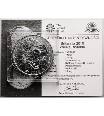 Wielka Brytania, Elżbieta II (1952-2022). 2 funty 2010, Britannia - Ag 1 Oz