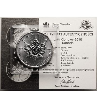 Canada, Elizabeth II (1952-2022). 5 Dollars 2010, Maple Leaf - Ag 1 Oz .999