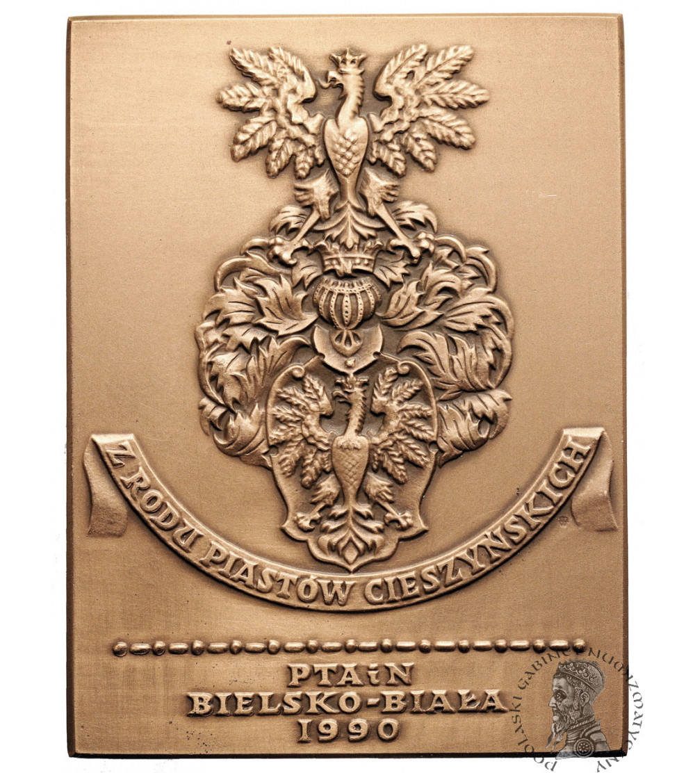 Poland. Plaquette 1990, Adamus Wenceslaus of the Piast Dynasty of Cieszyn, PTAiN Bielsko - Biała