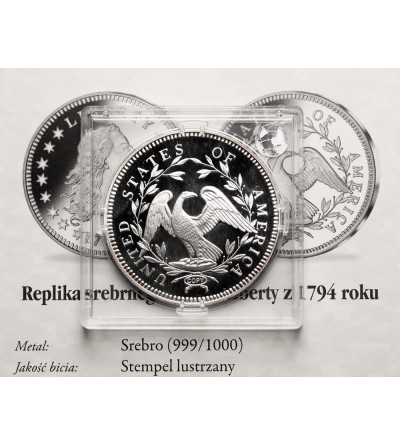 USA. Replika srebrnego dolara Liberty z 1794 roku