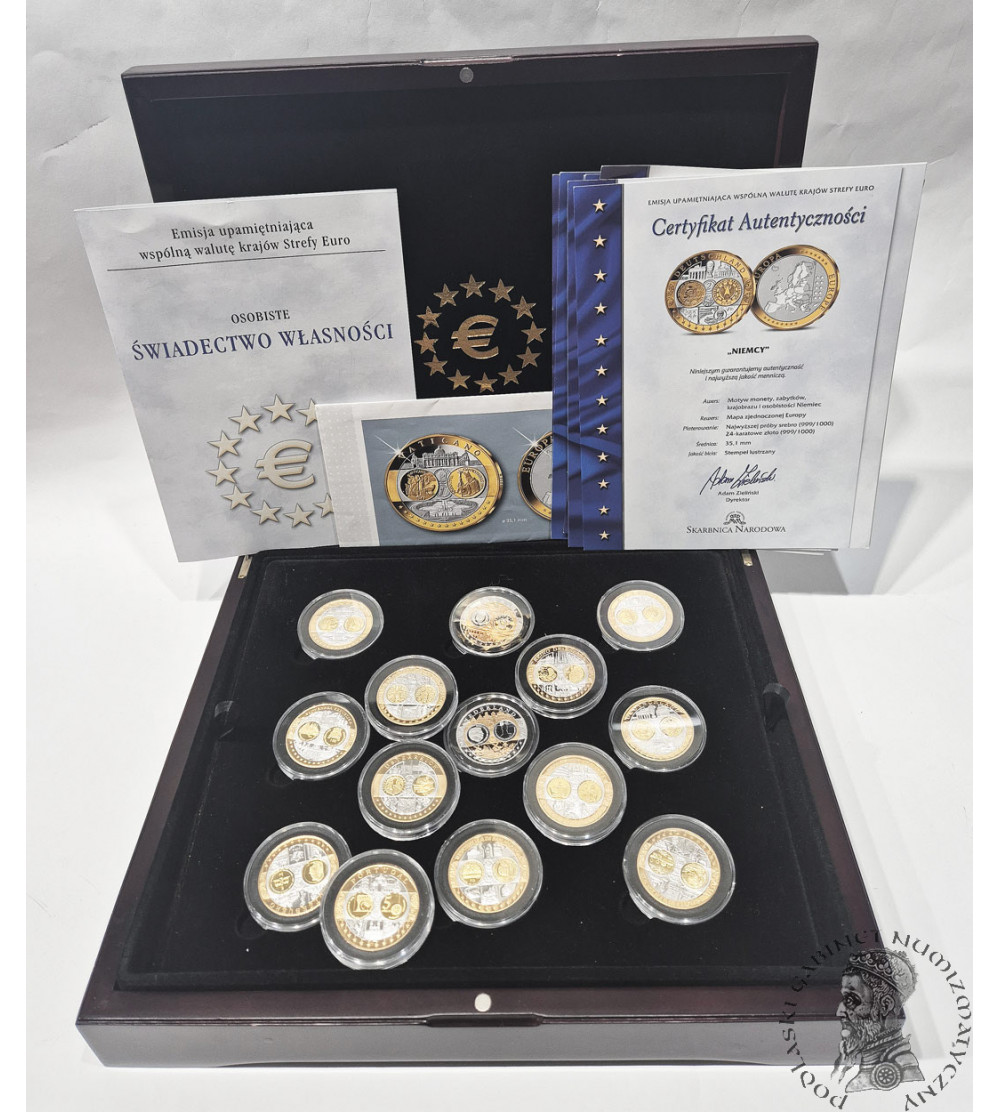 Poland. Collection “Commemorative Issue of the Common Currency of the Eurozone Countries”, 14 pcs, Silver and Gold plated medals