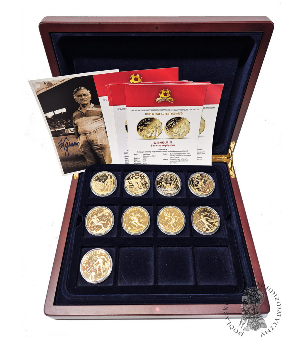Polska. ,, Oficjalna emisja pamiątkowych medali piłkarskich platerowanych czystym złotem " 9 sztuk, Skarbnica Narodowa