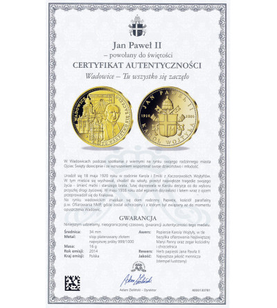Poland. Medal 2014, Wadowice - This is where it all began, Collection: “John Paul II - called to holiness”