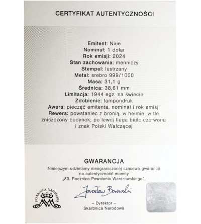 Niue. 1 Dollar 2024, 80th Anniversary of the Warsaw Uprising, 1 Oz Ag