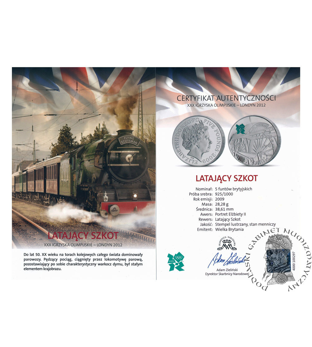Wielka Brytania. 5 funtów 2009, ,,Latający Szkot", XXX Igrzyska Olimpijskie, Londyn 2012, srebro .925