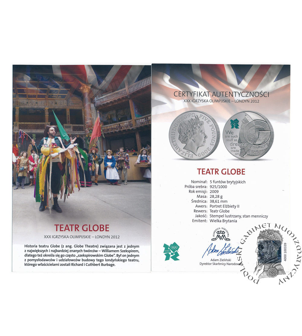 Great Britain. 5 Pounds 2009, Globe Theatre, XXX Olympic Games, London 2012, Sterling Silver