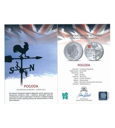 Wielka Brytania. 5 funtów 2010, Pogoda, XXX Igrzyska Olimpijskie, Londyn 2012, srebro .925