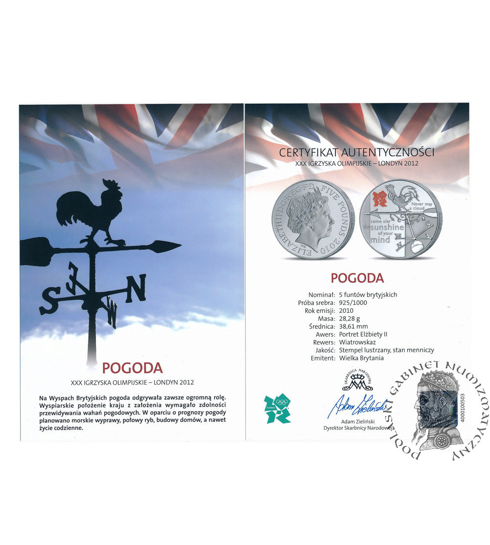 Wielka Brytania. 5 funtów 2010, Pogoda, XXX Igrzyska Olimpijskie, Londyn 2012, srebro .925
