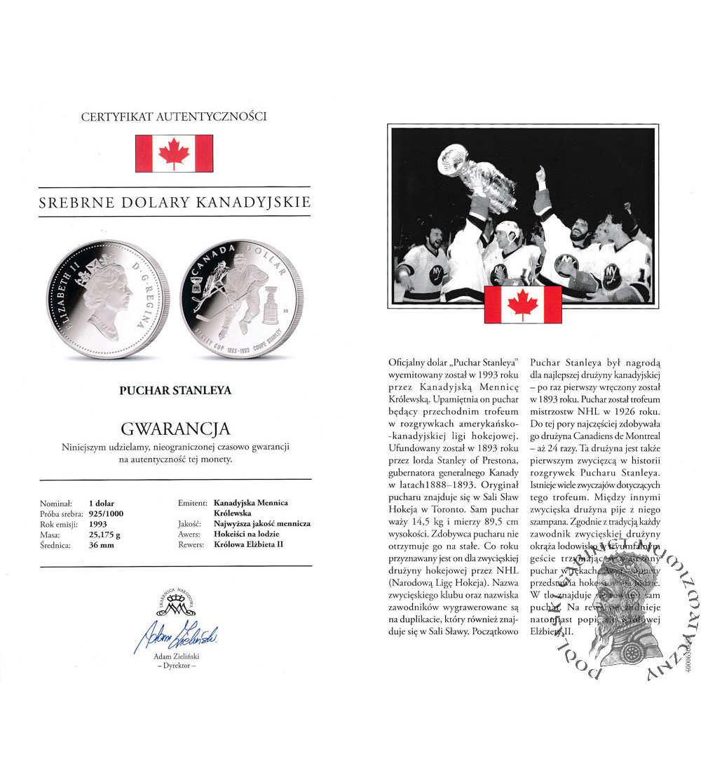 Kanada, Elżbieta II (1952-2022). 1 dolar 1993, 100 rocznica Pucharu Stanleya, Kolekcja: ,,Srebrne dolary kanadyjskie"