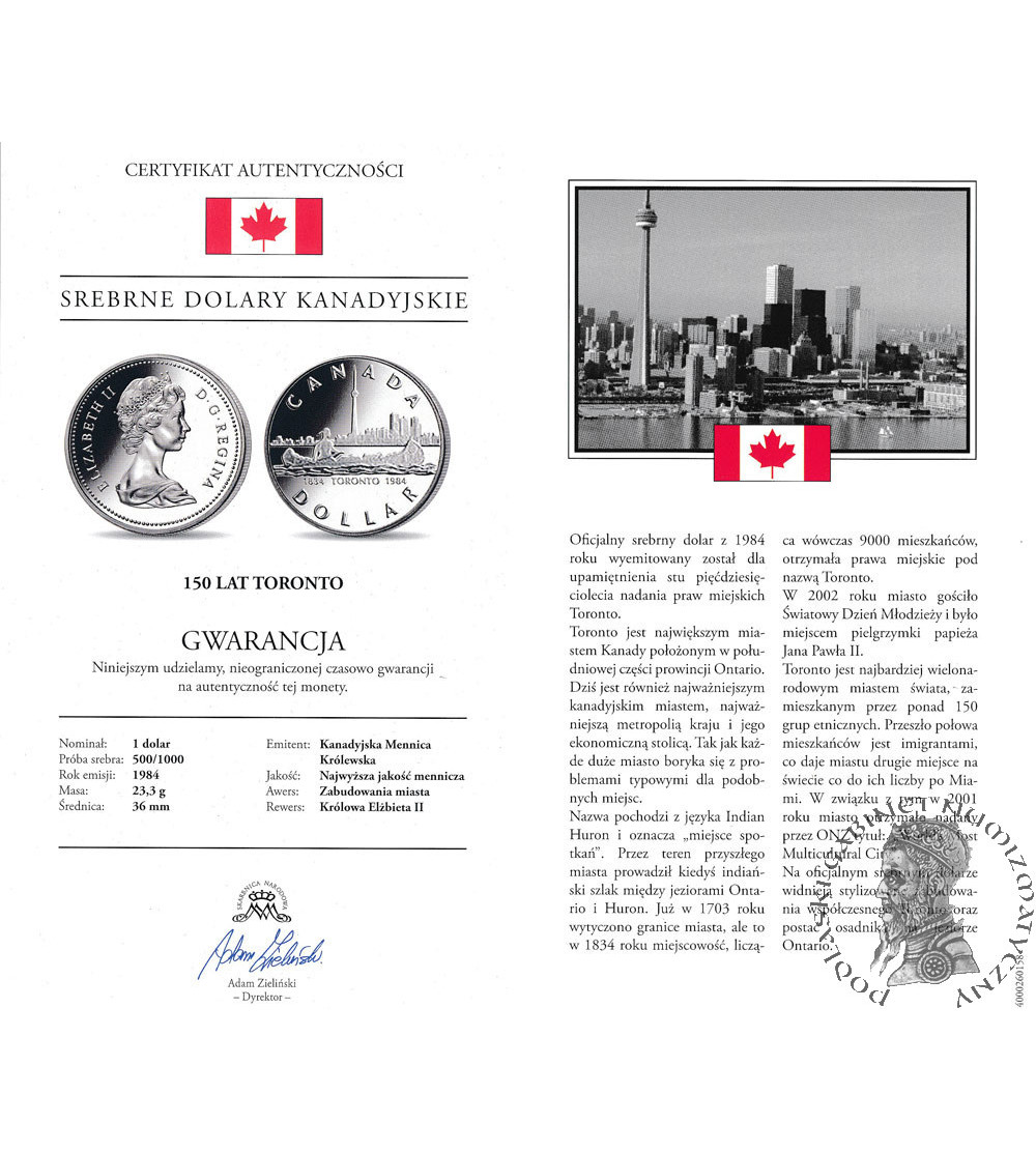 Kanada, Elżbieta II (1952-2022). 1 dolar 1984, 150 rocznica powstania miasta Toronto, Kolekcja: ,,Srebrne dolary kanadyjskie"