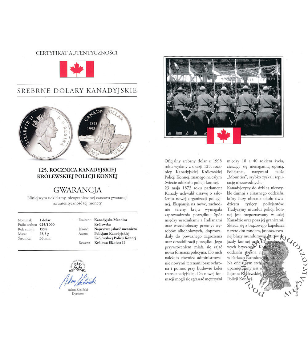 Canada, Elizabeth II (1952-2022). 1 Dollar 1998, 125th anniversary of the Royal Canadian Mounted Police